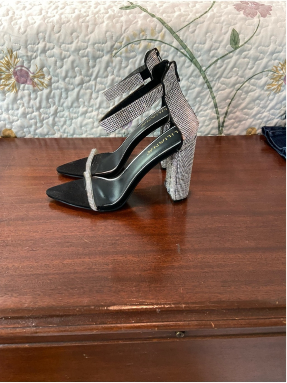 Liliana Black Rhinestone Ankle-Strap Stiletto Sandals - Picture 3 of 5
